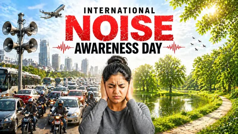 International Noise Awareness Day poster showing a woman covering her ears between a noisy traffic-filled city with honking vehicles and a peaceful green park, highlighting the contrast between noise pollution and quiet environments.