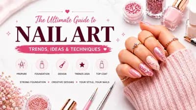 Close-up beauty banner showing a manicured hand with glossy pink nail art and delicate rings, surrounded by nail polish bottles, brushes, and glitter on a soft pastel marble background, with “Nail Art: Trends, Ideas & Techniques” text and icons highlighting prep, foundation, design, trends, and top coat.