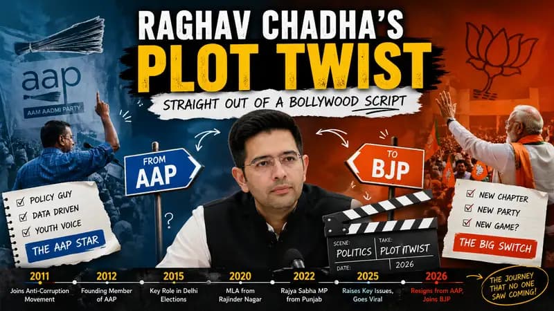 Raghav Chadha's political journey graphic showing AAP to BJP shift, timeline from 2011–2026, “plot twist” theme in Indian politics and party transition debate.
