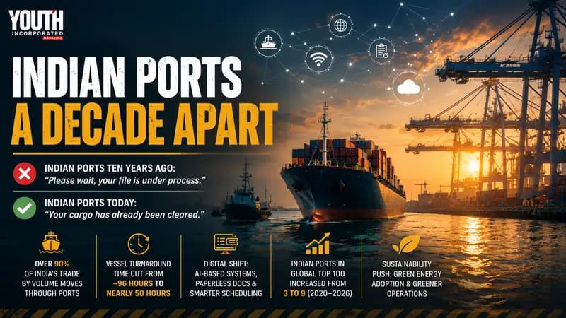 Wide editorial-style graphic of a busy container port at sunset, featuring a large cargo ship sailing past cranes and dock infrastructure. The design highlights “Indian Ports: A Decade Apart” with a visual comparison of past delays versus faster, digitalised operations today, along with key icons representing trade volume, reduced turnaround time, technological upgrades, global rankings, and sustainability efforts.